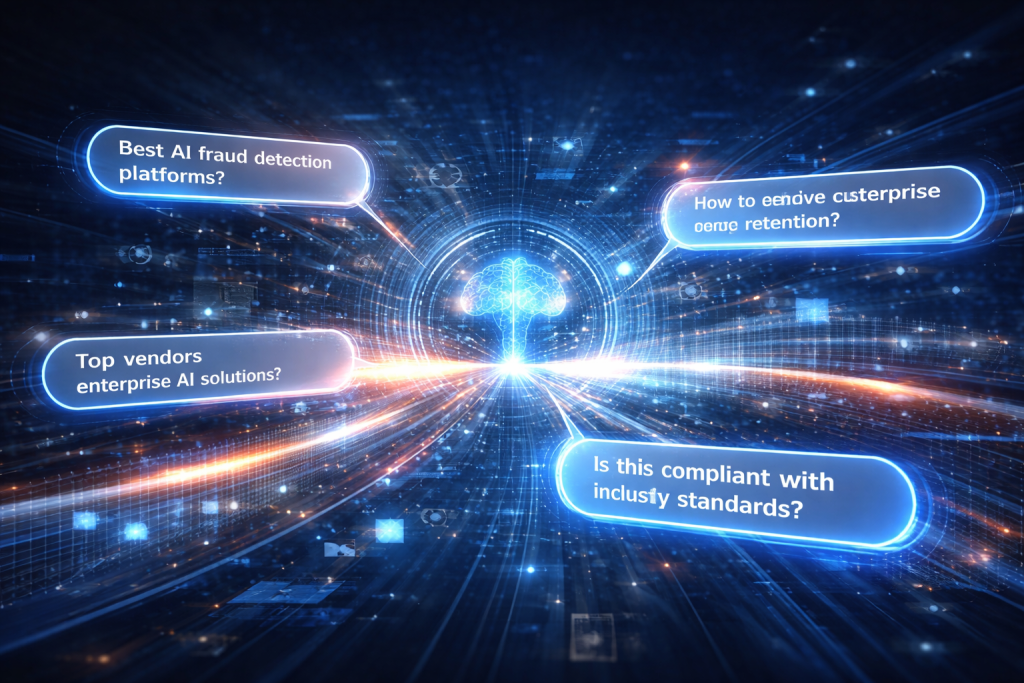 Abstract AI visualization illustrating how answer engines evaluate and surface content beyond traditional keywords.