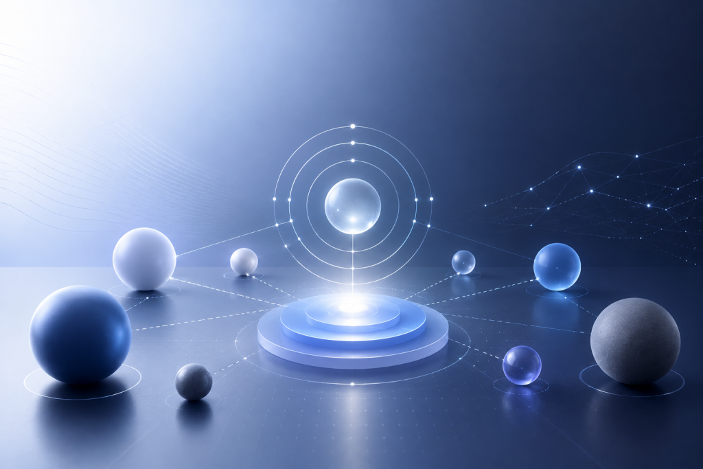 Abstract futuristic illustration showing fragmented data signals organizing into structured category systems, representing how answer engines classify and understand brands