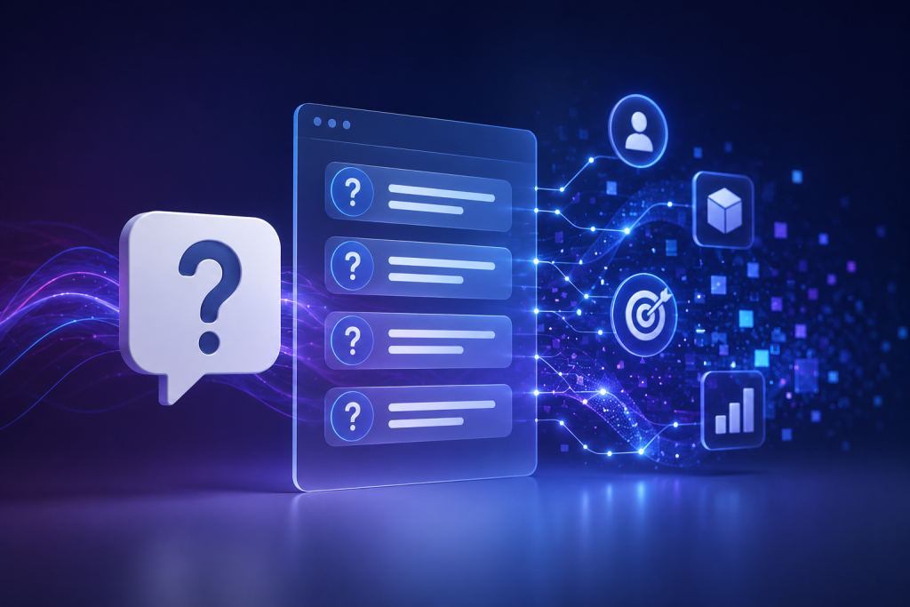 Futuristic AI-powered FAQ interface with structured question-and-answer panels, flowing data signals, and connected buyer discovery pathways in a cyber-style digital environment