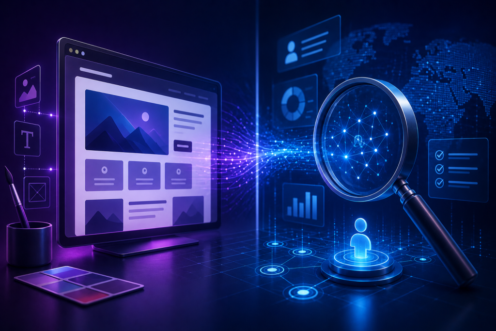 Futuristic split-screen illustration showing a modern website redesign workspace connected to an AI visibility analysis system through glowing data streams and interpretability signals