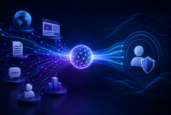 Futuristic digital illustration showing multiple brand and content signals converging into a unified AI interpretation network, representing signal consistency across SEO, AEO, and brand trust