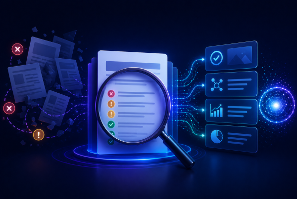 Futuristic AI content audit dashboard analyzing website pages, content quality, and optimization signals through advanced data visualization, highlighting content improvements for AI search visibility