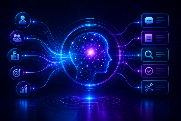 Futuristic digital illustration showing AI systems interpreting brand information through connected knowledge signals, entity relationships, and content networks.