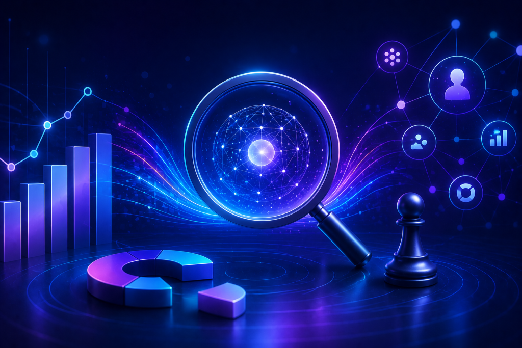 Futuristic digital illustration visualizing AI-driven marketing analytics with interconnected data networks, performance metrics, audience signals, and business intelligence, representing modern measurement beyond website traffic.