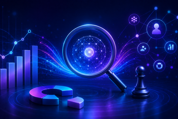 Futuristic digital illustration visualizing AI-driven marketing analytics with interconnected data networks, performance metrics, audience signals, and business intelligence, representing modern measurement beyond website traffic.