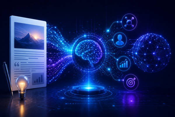 Futuristic digital illustration showing thought leadership content transforming into AI-readable knowledge signals, with a neural intelligence network interpreting expertise and distributing insights across connected digital ecosystems