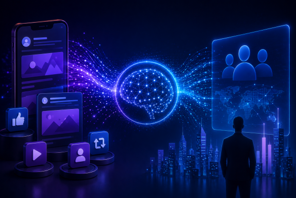 Futuristic digital illustration showing social media content streams flowing into an AI intelligence network, representing how social signals influence brand discovery, credibility, and visibility in AI-powered search