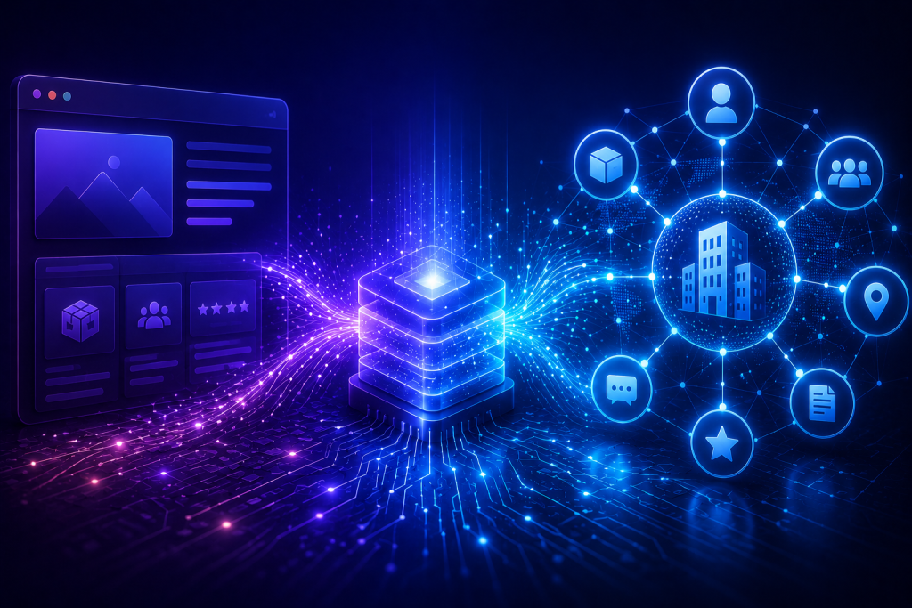 Futuristic digital illustration showing structured data flowing from website content into a connected entity network, representing how AI systems interpret brands, relationships, and knowledge structures