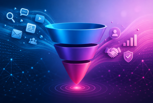 Futuristic 3D illustration of a digital marketing funnel with AI-driven buyer journey, showing awareness, consideration, and decision stages through connected data flows and business growth.