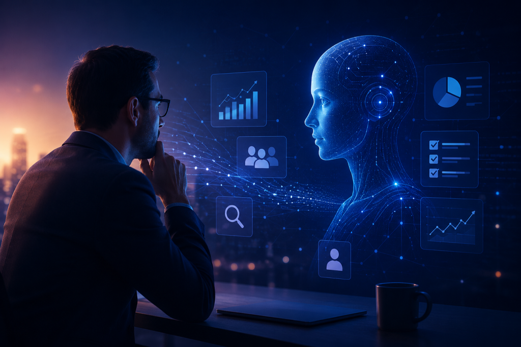 Business professional interacting with an AI assistant, representing the future of B2B marketing and AI-driven buyer engagement.
