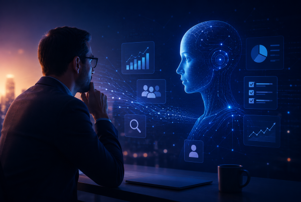 Business professional interacting with an AI assistant, representing the future of B2B marketing and AI-driven buyer engagement.