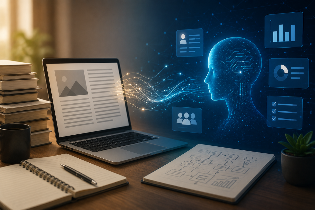 Modern workspace illustrating the evolution of B2B content marketing with AI-powered content strategy and digital insights.