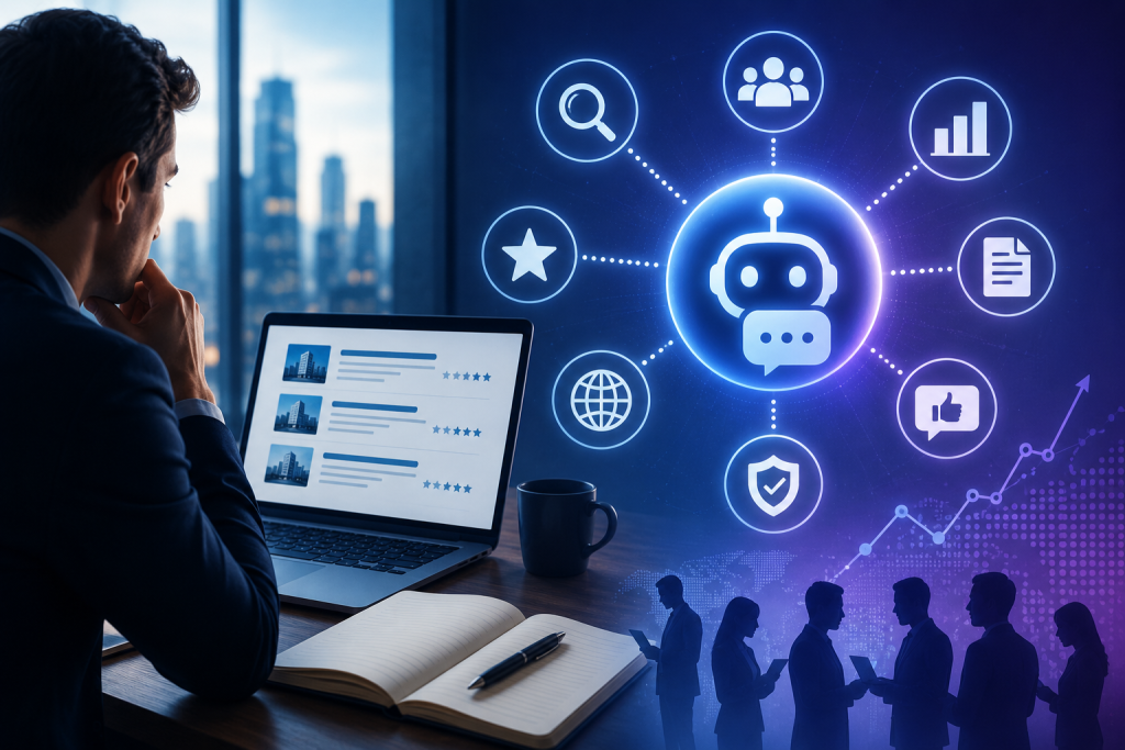 Business professional using AI to research and evaluate B2B vendors in a modern digital workspace.