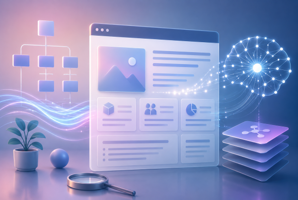 Futuristic AI-readable website interface with connected data, structured content, and information architecture.