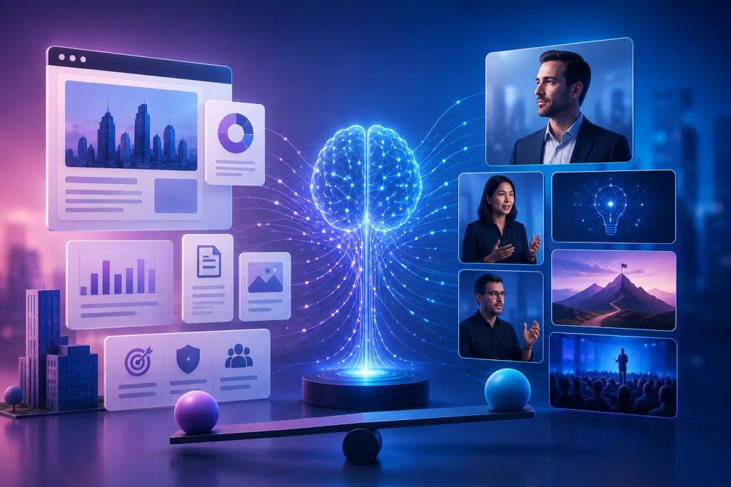 AI connecting executive thought leadership with company content to build B2B authority and digital trust.