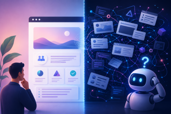 B2B website appearing clear to a human but confusing to AI due to complex and disconnected digital information.