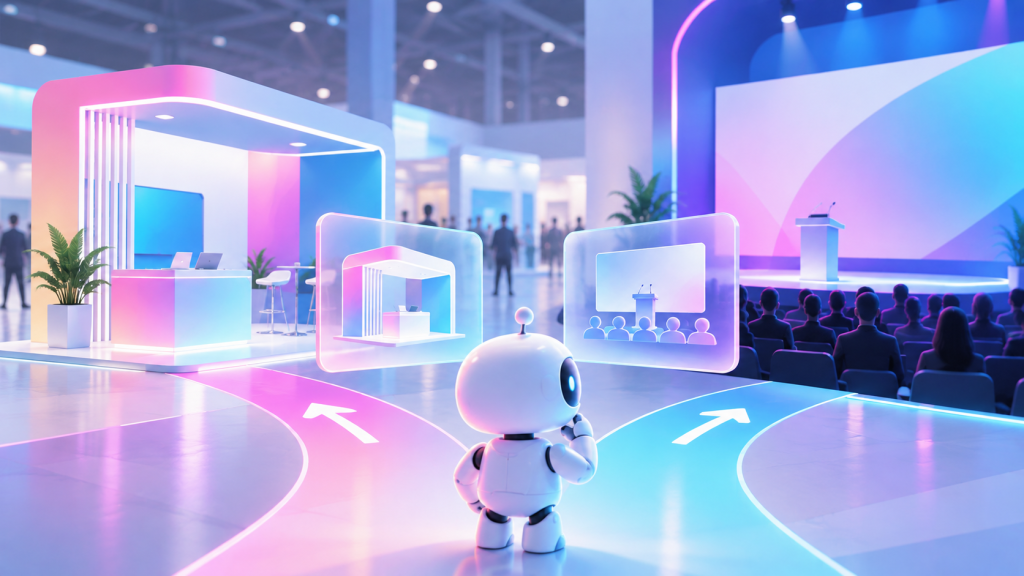 AI robot choosing between an event booth and sponsored speaking session
