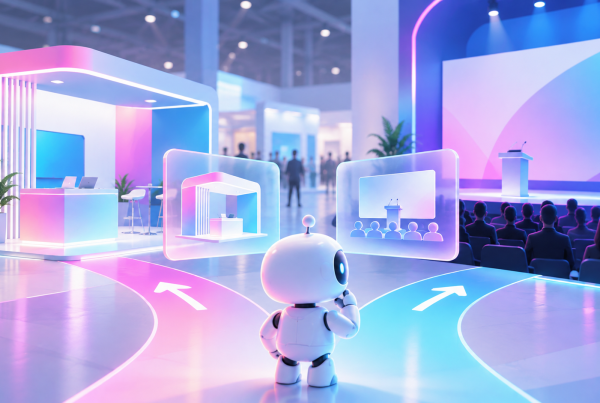 AI robot choosing between an event booth and sponsored speaking session