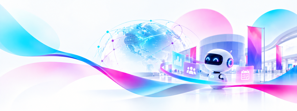 AI event ROI banner featuring a digital globe, AI robot and event performance analytics