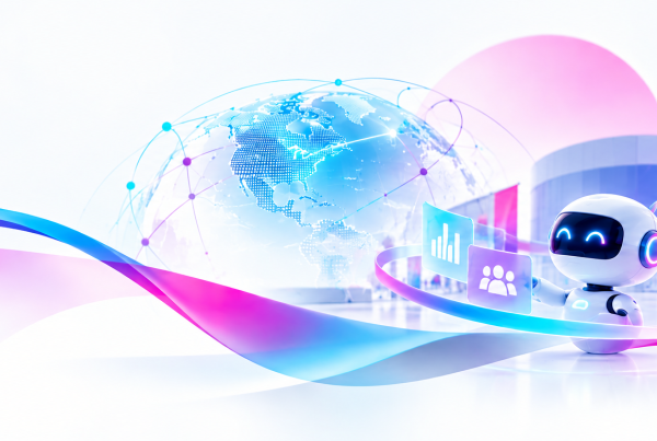 AI event ROI banner featuring a digital globe, AI robot and event performance analytics